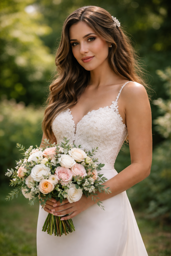 retrato vertical de noiva com buquê em jardim para foto de casamento