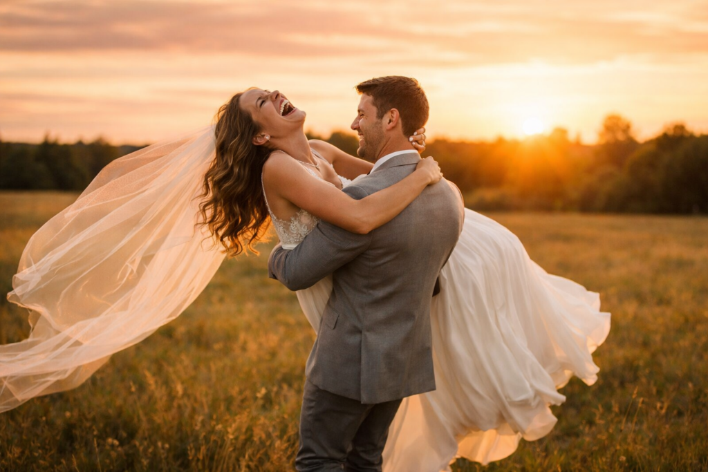 poses para fotos de casamento com o noivo carregando noiva no colo com véu ao vento em campo aberto