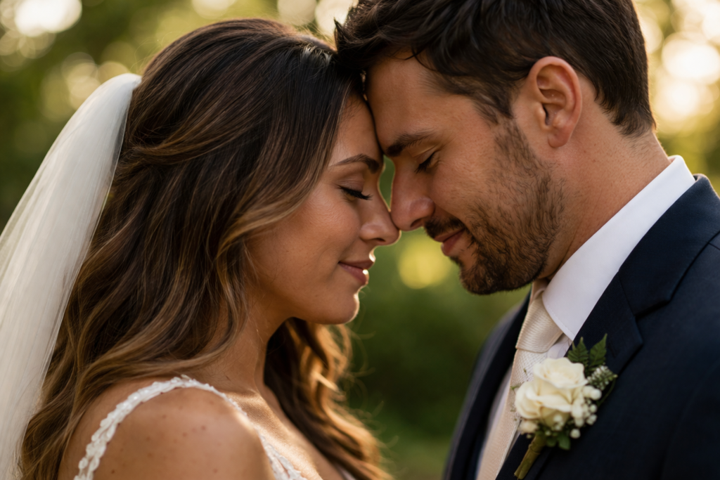 noivos com testas encostadas em foto íntima de casamento