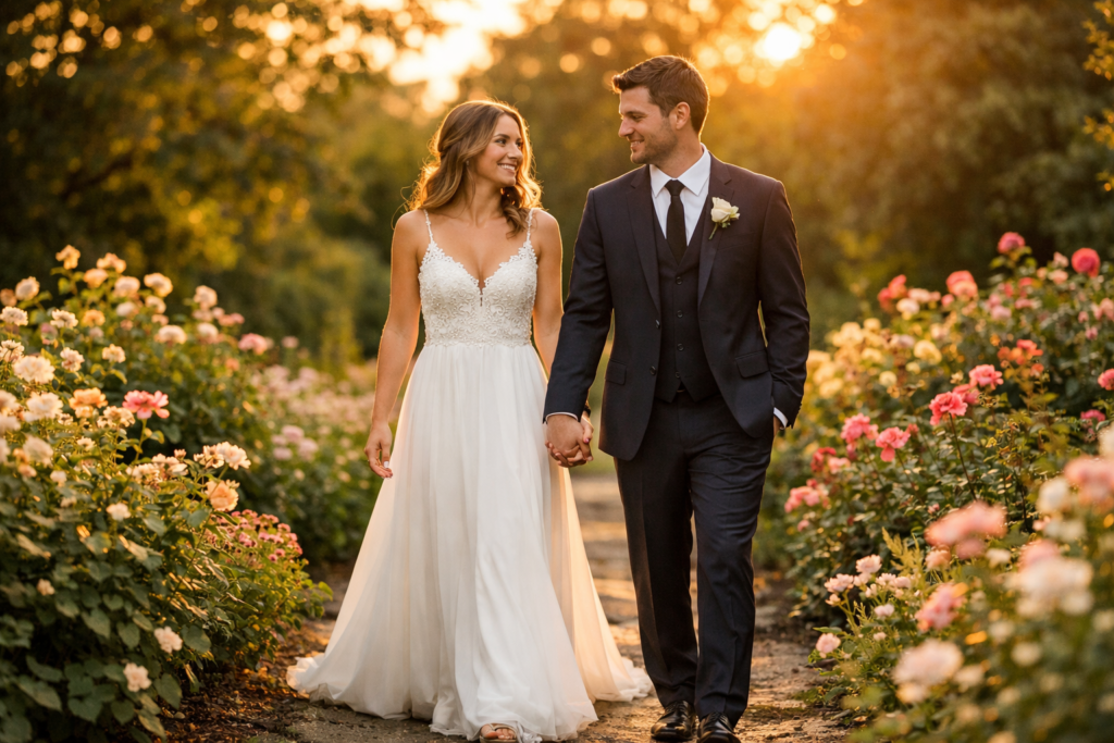 casal de noivos posando para foto de casamento em jardim ao pôr do sol