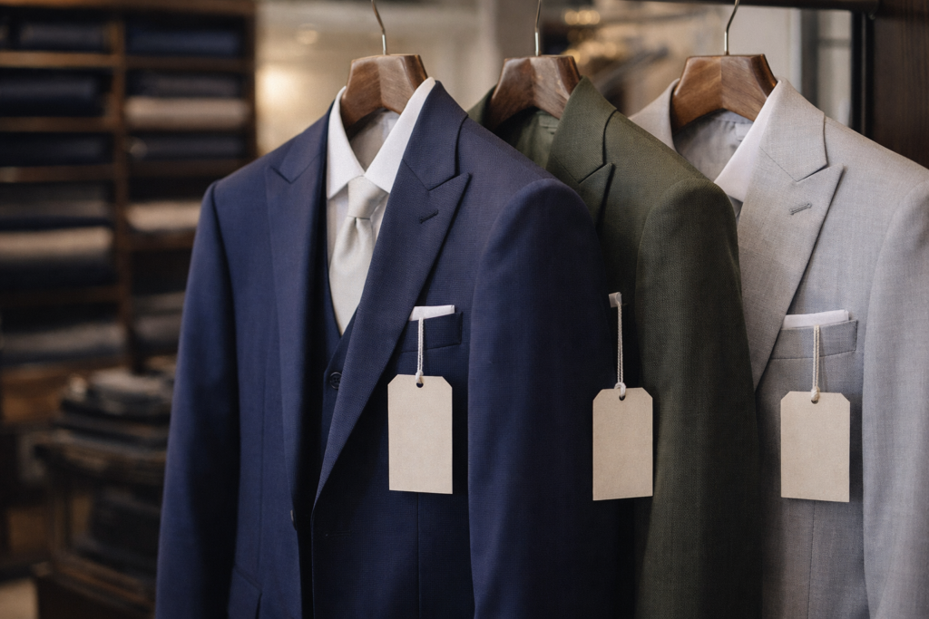 traje do noivo 2026 em alfaiataria com etiqueta de preço aluguel ou compra