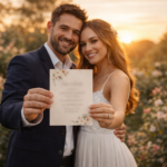 casal segurando save the date impresso em jardim ao pôr do sol