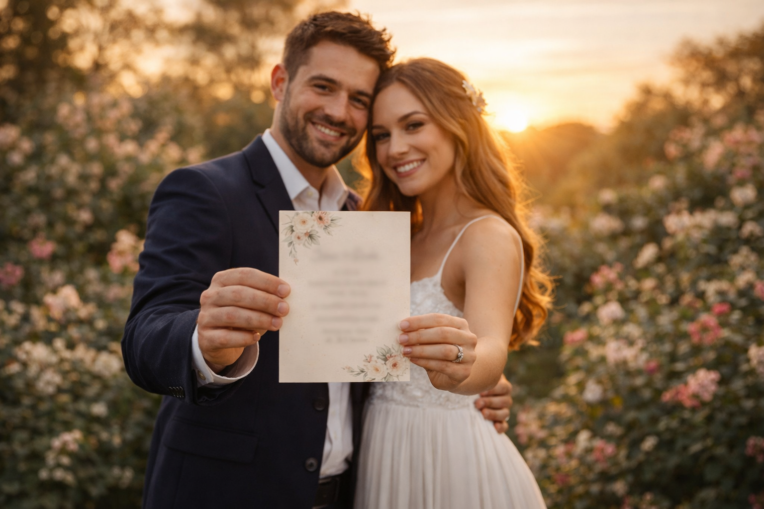 casal segurando save the date impresso em jardim ao pôr do sol