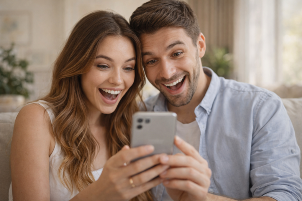 casal lendo save the date digital no smartphone com alegria