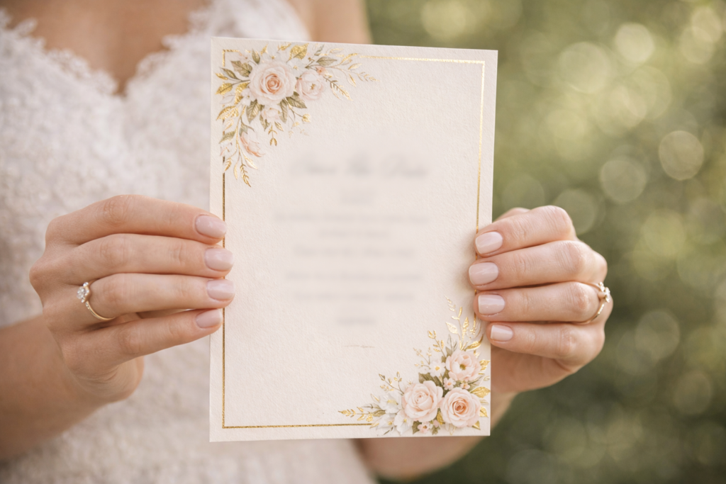 retrato vertical noiva segurando envelope save the date casamento