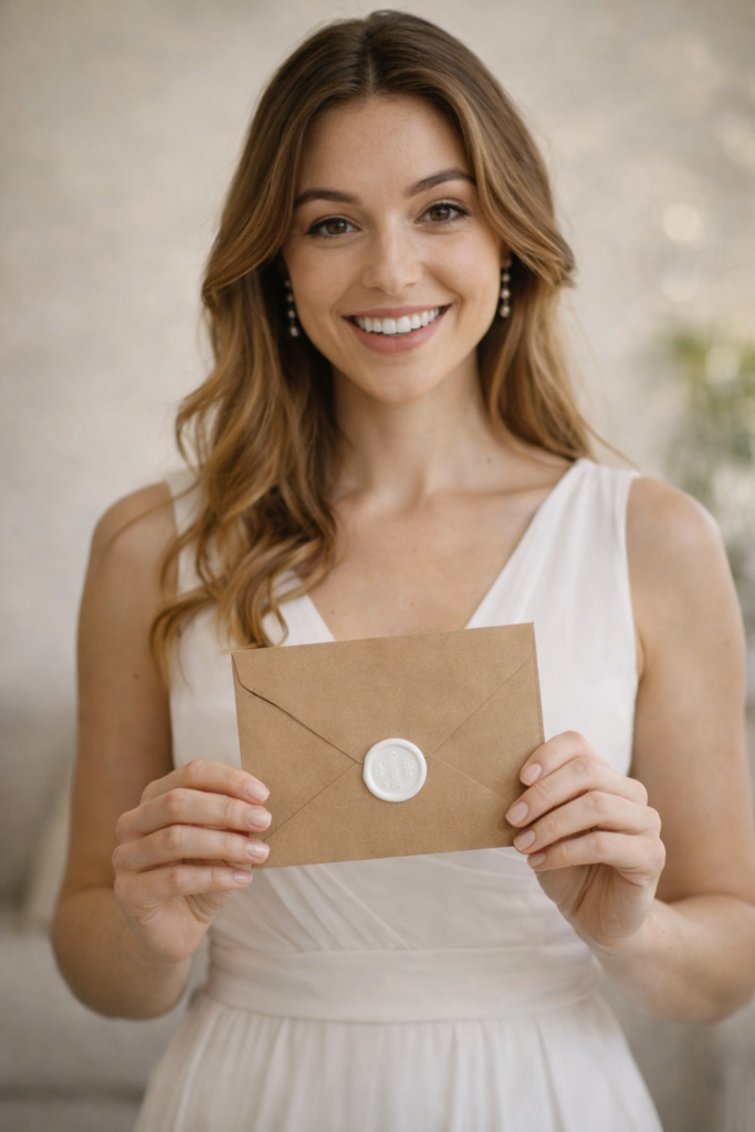 retrato vertical noiva segurando envelope save the date casamento