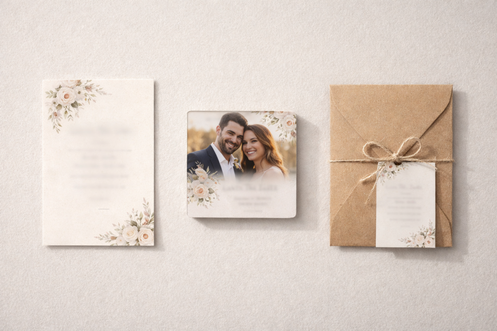 diferentes tipos de save the date casamento lado a lado