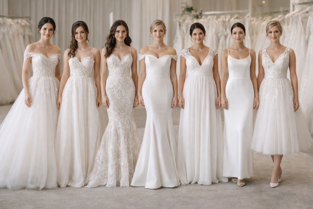 diferentes silhuetas de vestido de noiva como princesa evasê sereia e coluna