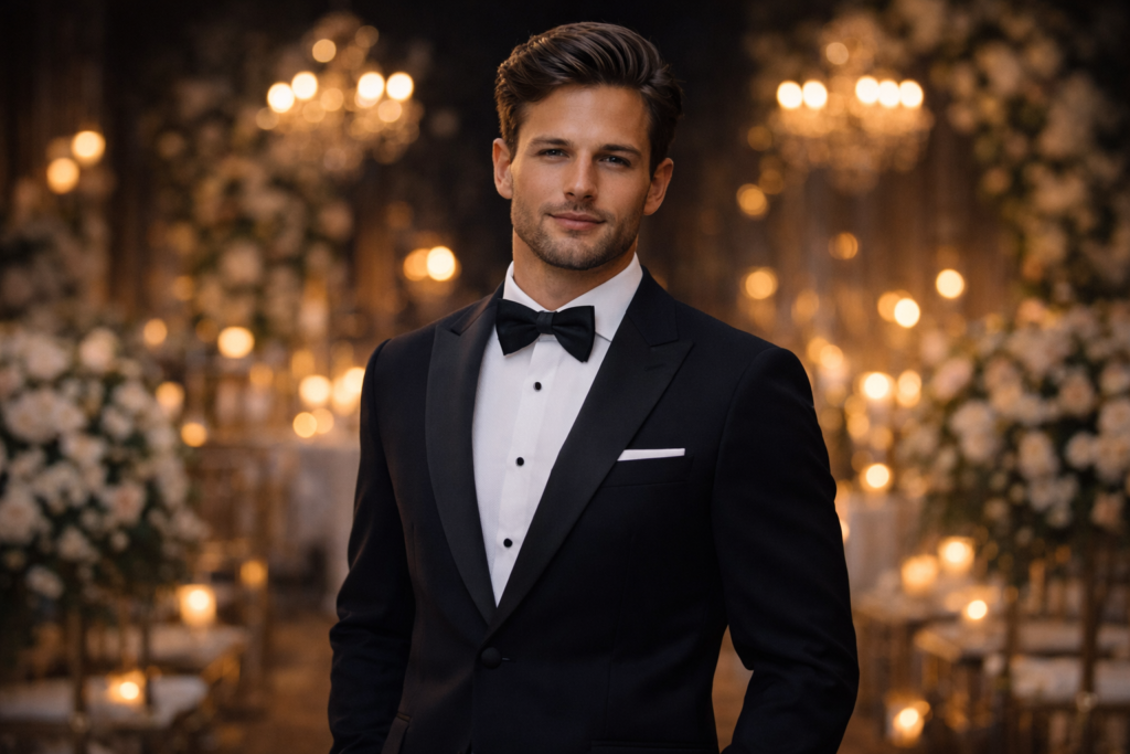 noivo com smoking preto traje do noivo 2026 cerimônia noturna formal