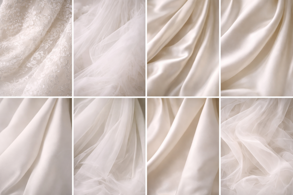 diferentes tecidos de vestido de noiva em blocos renda tule cetim chiffon crepe mikado e organza