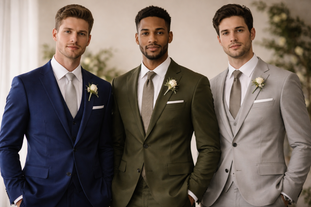 : tendências traje do noivo 2026 tons azul profundo verde oliva cinza claro