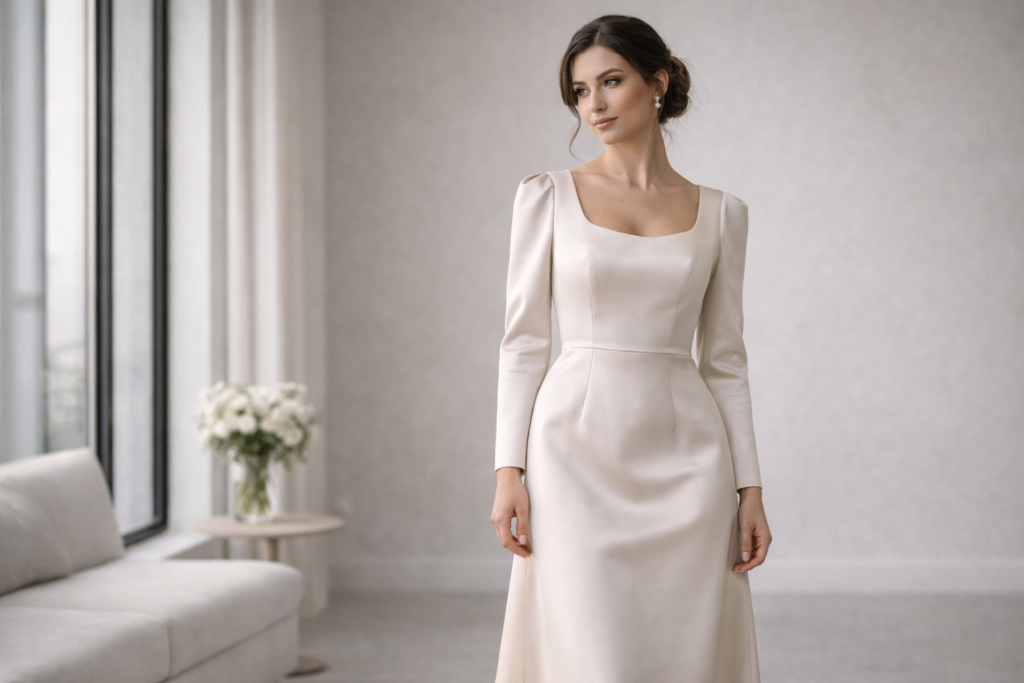Noiva com vestido midi acetinado e manga moderna — tendência casamento civil 2026