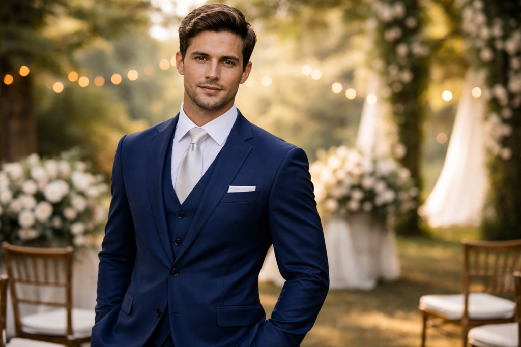 noivo com terno azul slim fit traje do noivo 2026 casamento ao ar livre
