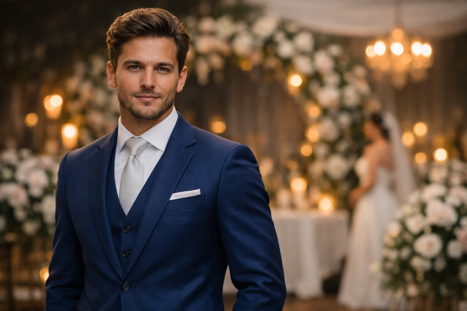 traje do noivo 2026 terno azul noivo elegante em cerimônia