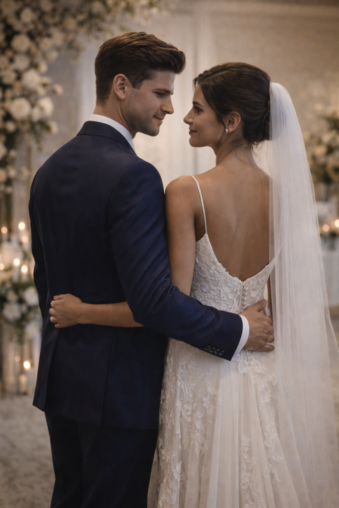 noivo e noiva juntos no dia do casamento traje do noivo 2026 alinhado com vestido da noiva