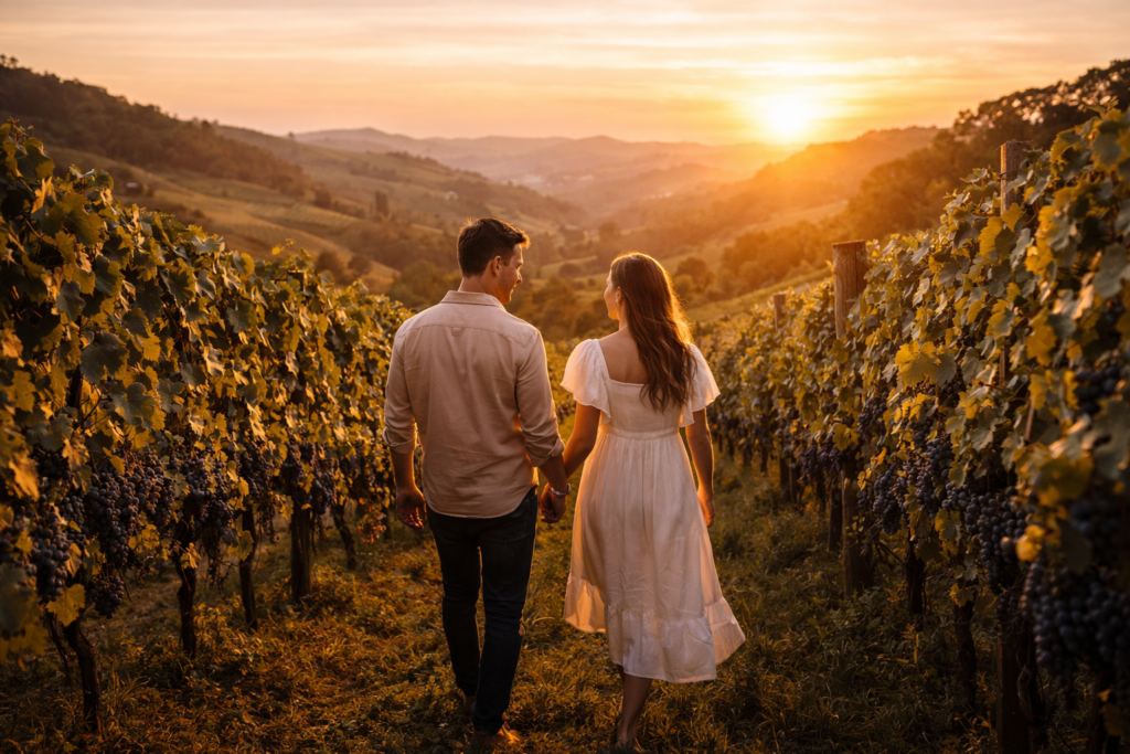 casal caminhando entre vinhedos no Vale dos Vinhedos extensão da lua de mel em Gramado
