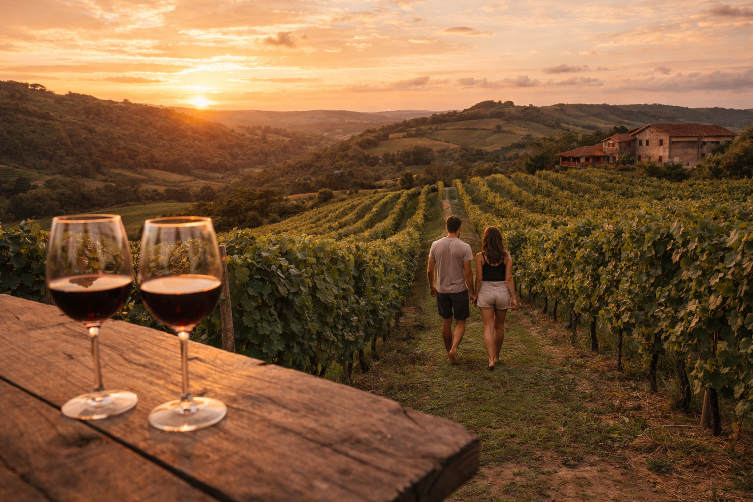 casal caminhando entre vinhedos ao pôr do sol com taças de vinho em cenário romântico na serra gaúcha