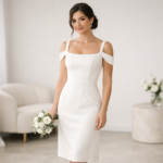 Noiva com vestido midi branco elegante para casamento civil em 2026