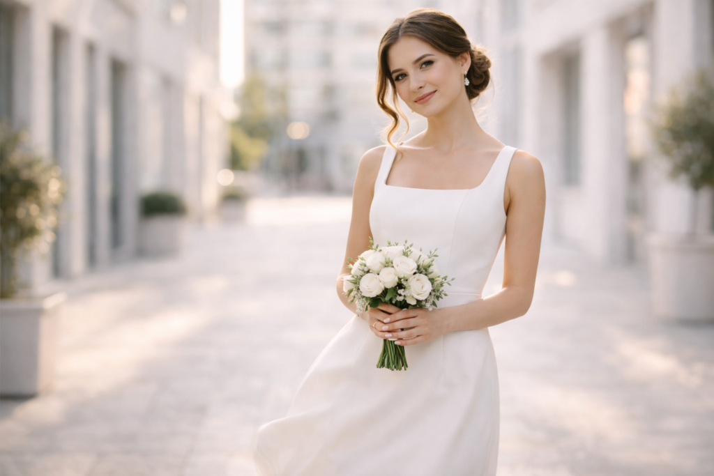 vestido de noiva casamento civil midi elegante moderno