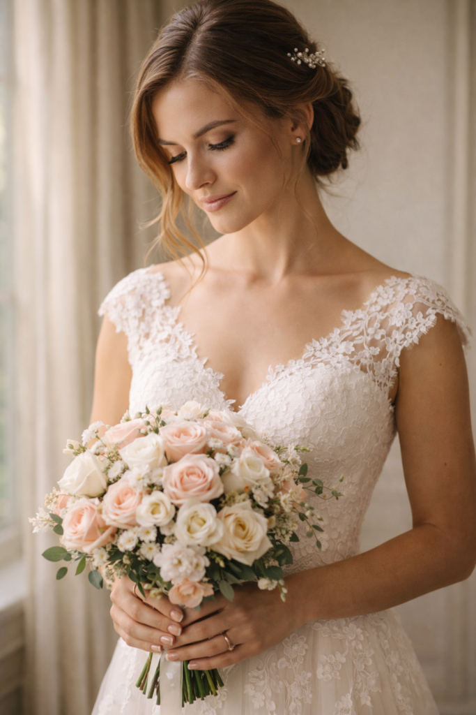 noiva com vestido de renda segurando buque de rosas casamento elegante