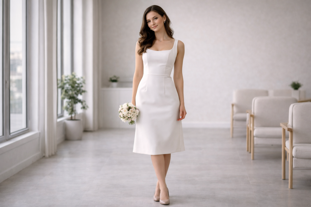 Noiva com vestido de noiva civil elegante e acessível em 2026