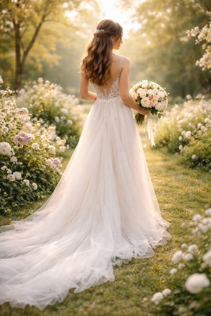 vestido de noiva elegante costas casamento ao ar livre buquê flores