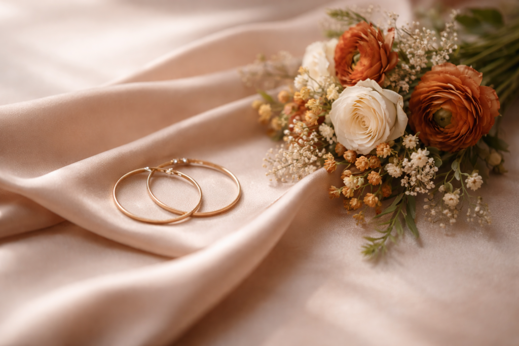 detalhe de brincos dourados finos e buque de flores sobre tecido de cetim para looks de madrinhas