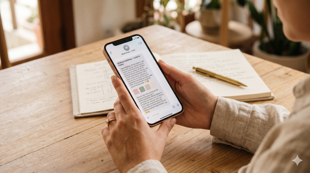 mãos segurando smartphone com mensagem de briefing de looks para madrinhas de casamento