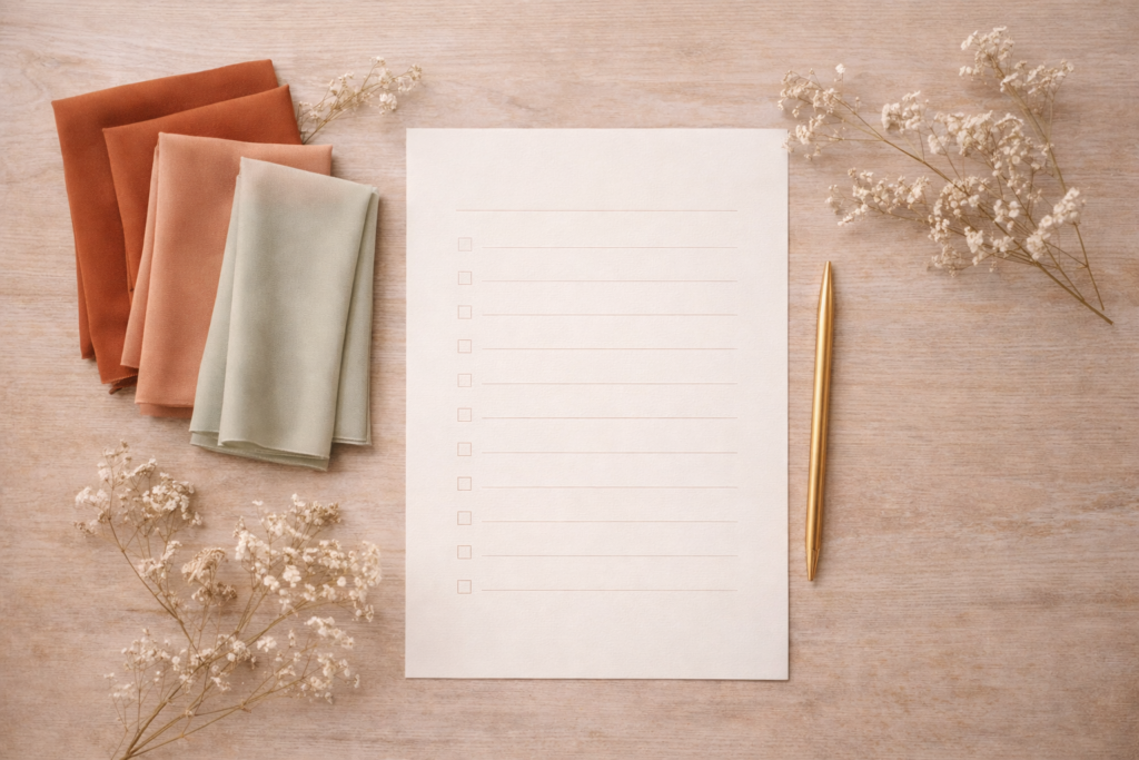 flat lay com checklist de coordenação de looks para madrinhas, amostras de cor e flores sobre mesa clara