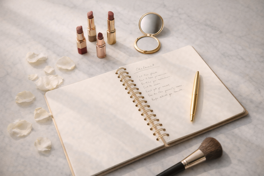 checklist maquiagem de noiva 2026 caderno de planejamento com produtos de beleza organizados