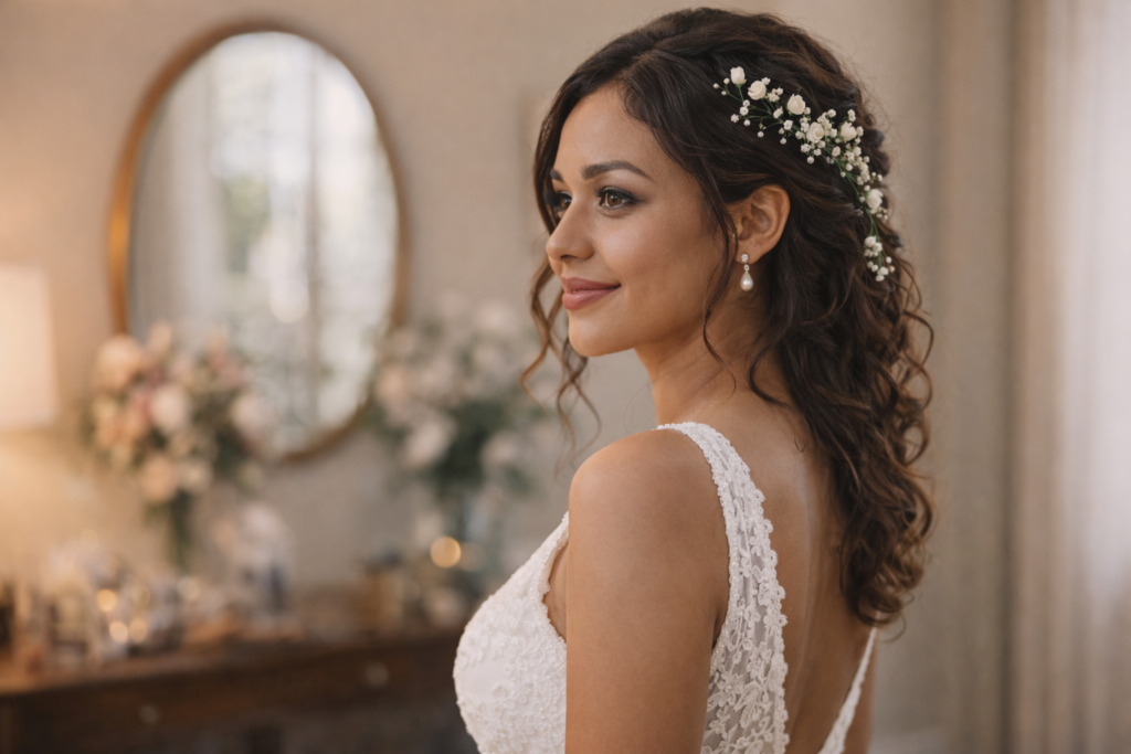 noiva pronta com penteados de noiva 2026 natural no dia do casamento acessórios flores