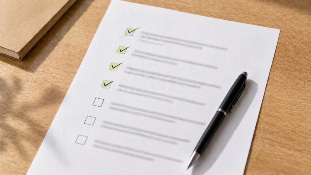 Planilha impressa com critérios de comparação de fornecedores sobre mesa com caneta dourada