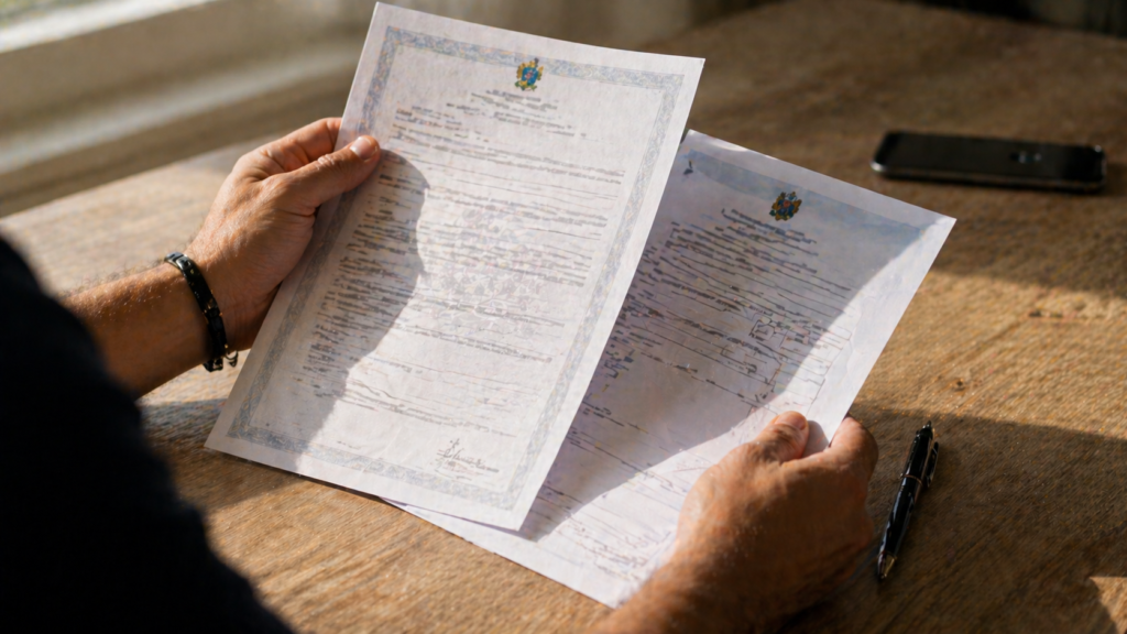 Mãos segurando documentos de certificação de piloto de drone ANAC sobre mesa com caneta