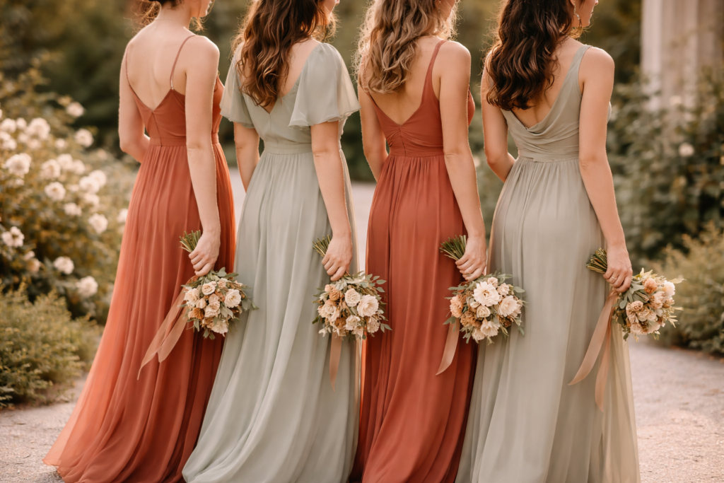 looks para madrinhas de casamento com grupo de madrinhas com vestidos em paleta de cores coordenadas em tons de 2026 durante casamento