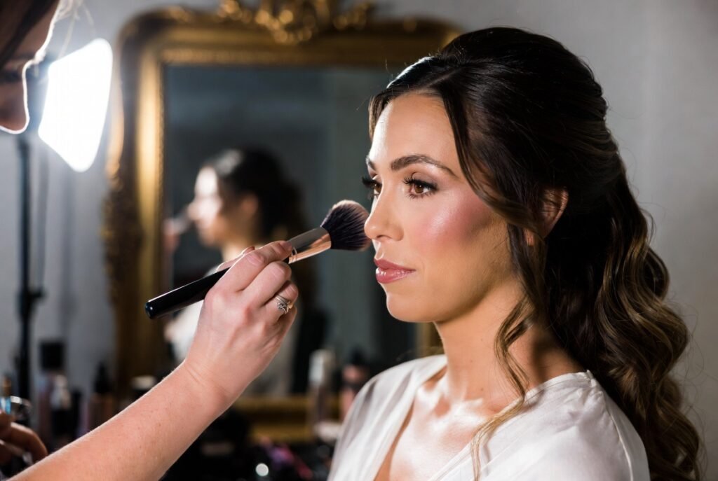 noiva decidindo maquiagem de noiva 2026 com maquiadora profissional analisando estilo, horário e tipo de pele