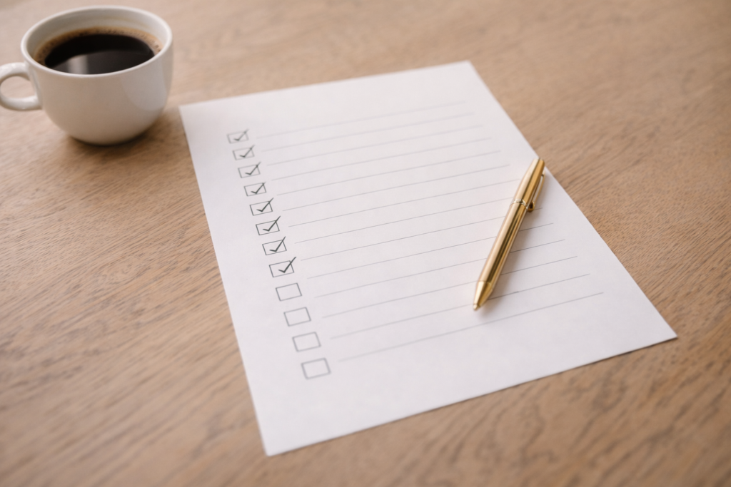 Checklist de contratação de drone impresso sobre mesa com caneta dourada e xícara de café
