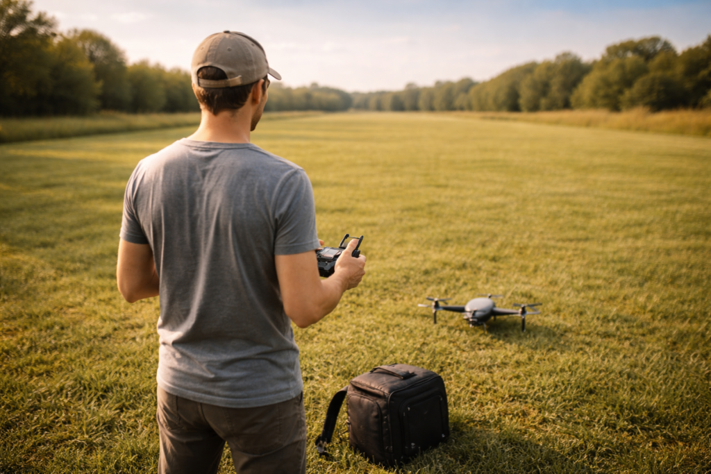 Piloto de drone de costas em campo aberto com drone pousado e controle nas mãos