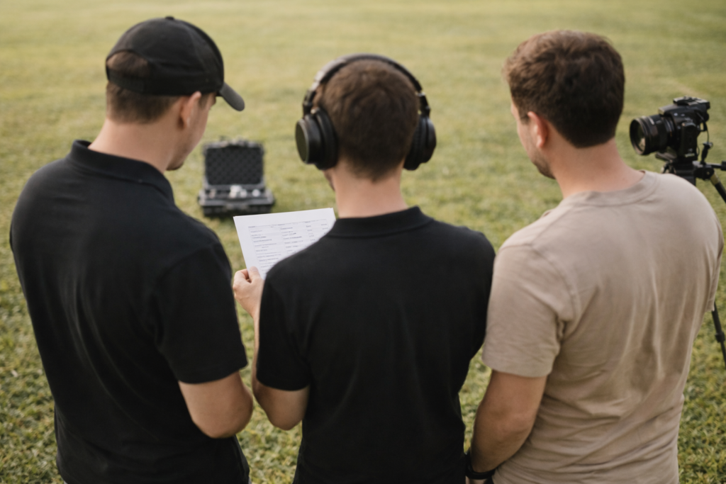 Equipe de audiovisual de casamento reunida de costas em área externa com roteiro impresso