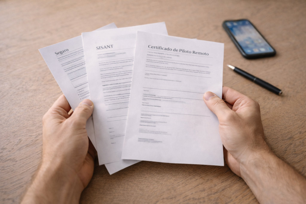 Mãos segurando documentos de certificação ANAC de piloto de drone sobre mesa de madeira