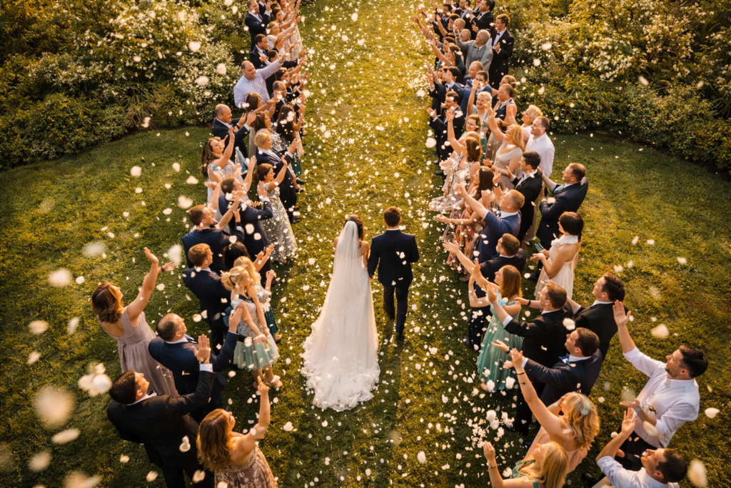 Vista aérea de saída dos noivos com convidados jogando pétalas em jardim de casamento