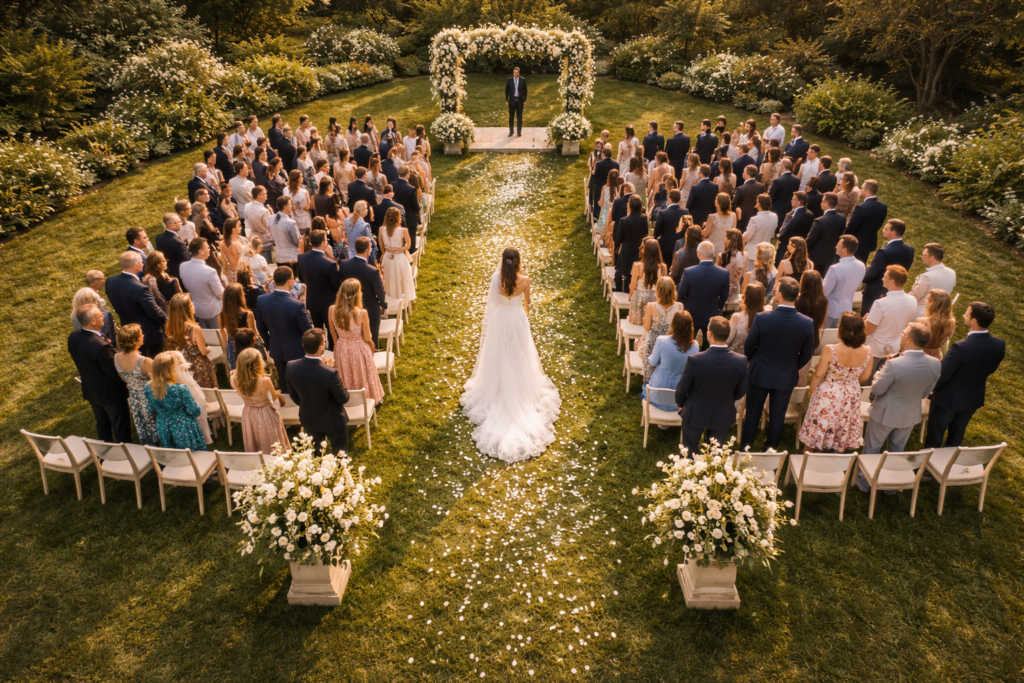 Vista aérea de cerimônia de casamento ao ar livre com corredor de convidados e noiva caminhando