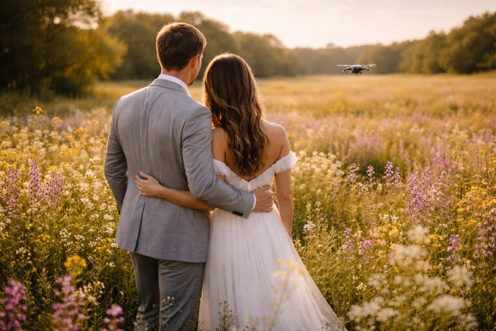 : Casal de noivos de costas em campo de flores silvestres durante ensaio com drone visível ao fundo
