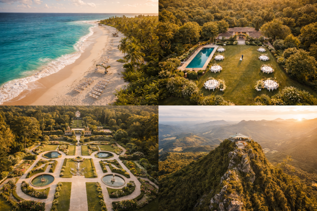 Grade com quatro vistas aéreas de locações de casamento praia fazenda jardim e montanha