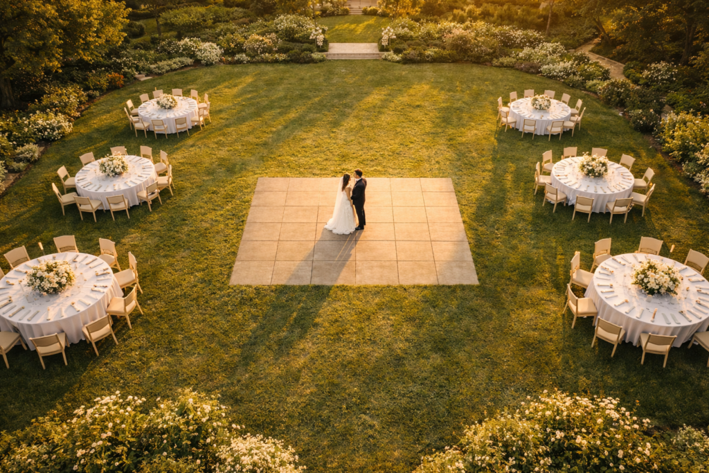 drone no casamento fazenda vista aérea casal cerimônia ao ar livre luz natural