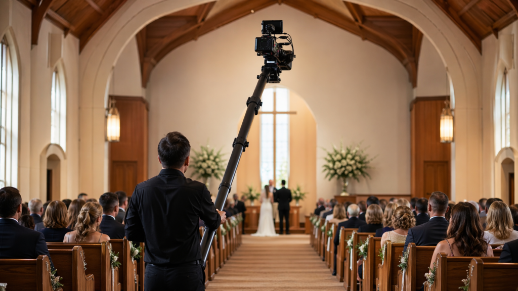 Videógrafo operando câmera em vara alta dentro de corredor de igreja em dia de casamento