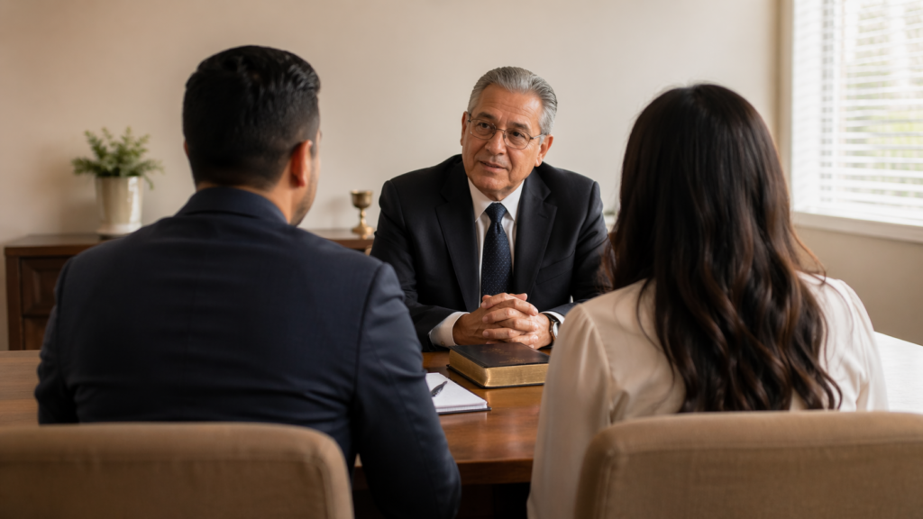 Casal de costas conversando com pastor em sala de reunião de igreja antes do casamento