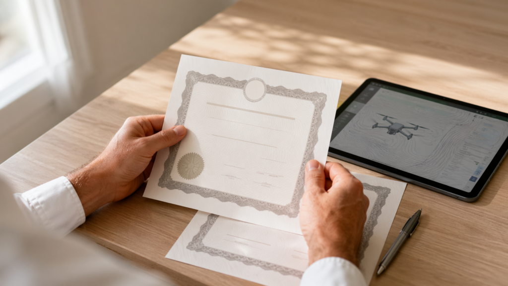 Mãos segurando documentos de licença de piloto de drone ANAC sobre mesa com tablet