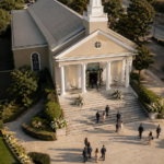 Fachada de igreja evangélica com jardim na entrada vista de cima em dia de casamento