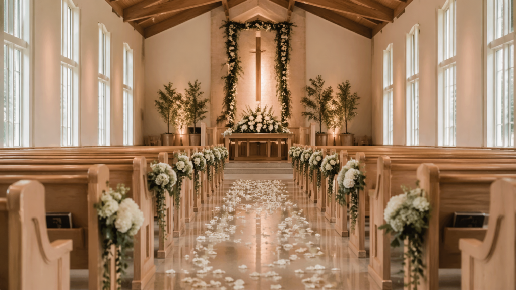 Interior vazio de nave de igreja evangélica com corredor central e bancos alinhados para casamento