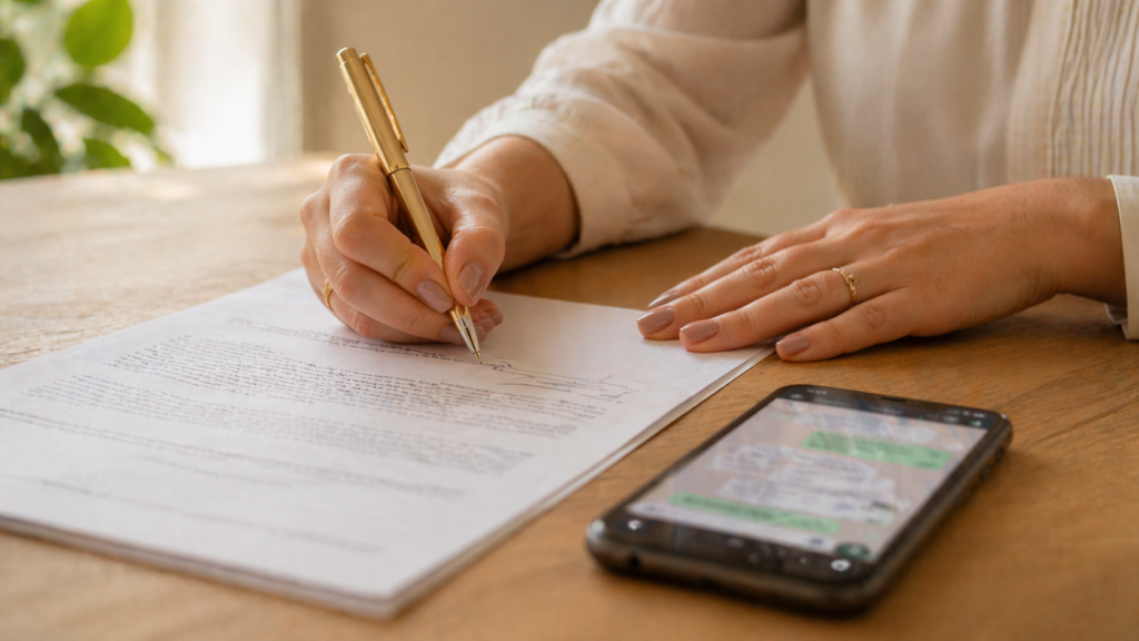 Mãos assinando contrato sobre mesa com celular ao lado com conversa de WhatsApp aberta